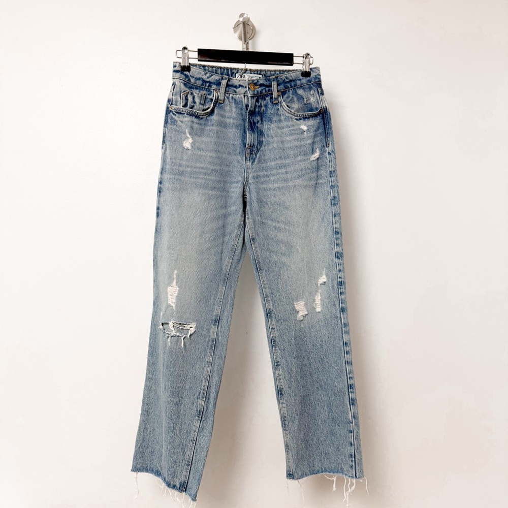 Zara High Rise Boyfriend Distressed Raw Hem Denim Blue Jeans 2